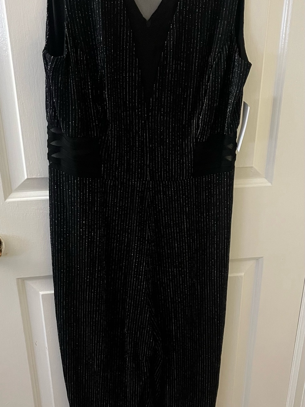 Alexa B Black Sparkle Striped Sheer Neck Jumpsuit zip 14 NWT